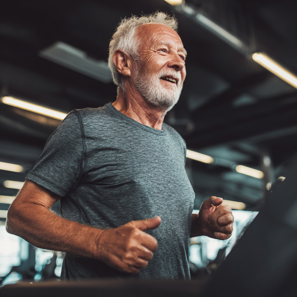 Energetic middle-aged Ukrainian woman in athletic wear performing strength training exercises in a modern gym, smiling with confidence and determination